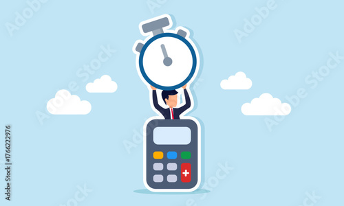 Businessman appearing behind calculator holding stopwatch symbolizing risk calculation and time management efficiency