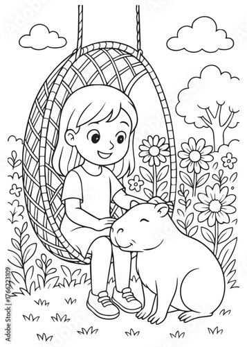 coloring book girl sitting on swing with capybara in garden