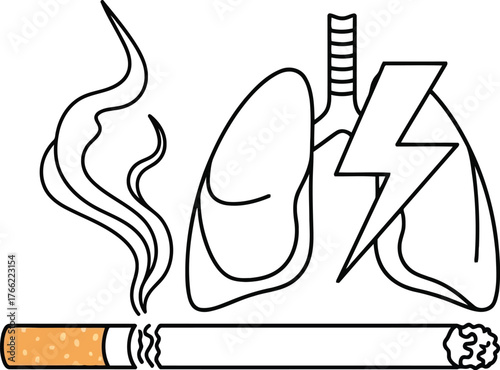 Graphic illustration of lungs damaged by smoking with a lit cigarette and smoke vector