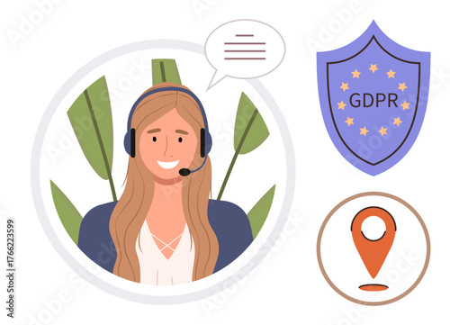 Smiling woman with headset, speech bubble, GDPR shield, and location icon. Ideal for data privacy, GDPR compliance, customer service, communication, location tracking tech support and business