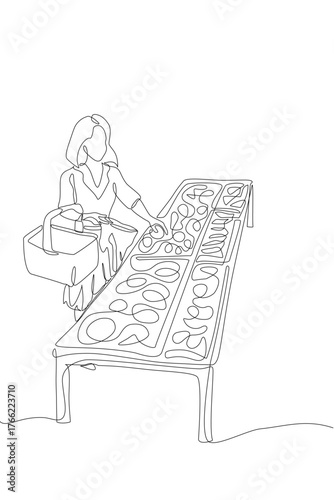 Continuous one line drawing of a woman shopping at a food market stall, reaching out to choose from various displayed items on the table. Minimalist hand-drawn style, Vector Editable stroke.