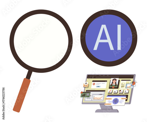 Magnifying glass, AI circle icon, and desktop screen displaying charts, data, and AI tools. Ideal for research, AI, technology data analysis education innovation exploration. Simple flat metaphor