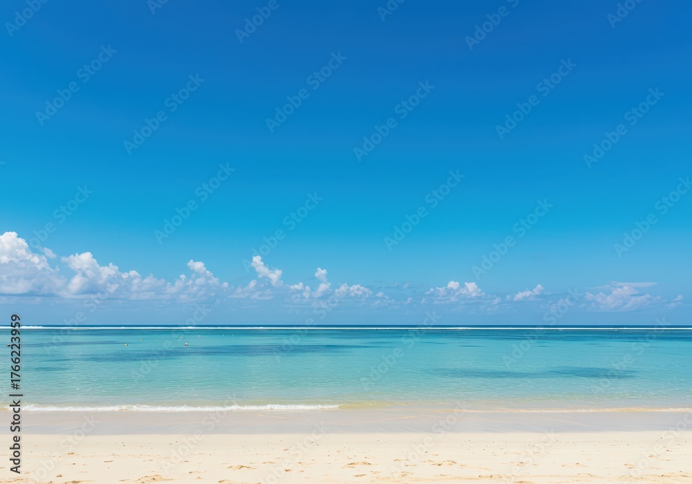 Fototapeta premium Wide view of a pristine tropical beach where the calm ocean water meets the blue sky at the distant horizon line ,water ,scenic ,vacation