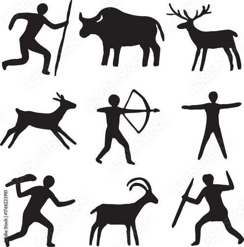 bundle of cave painting-style primitive humans and animals rendered in bold black fill on a stark white background.