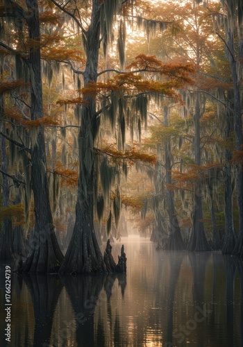 Majestic cypress trees draped in heavy Spanish moss emerge from the tranquil swamp water, creating an ethereal and ancient bayou scene at dawn ,view ,trunk ,cypress