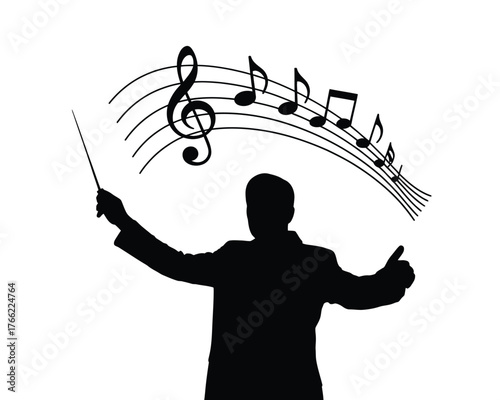 Conductor Directing Music with Notes and G-Clef Silhouette