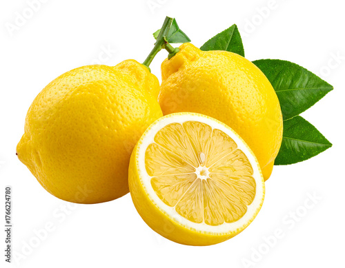 Three lemons, two whole, one sliced, with vibrant yellow peel and green leaves on a black background