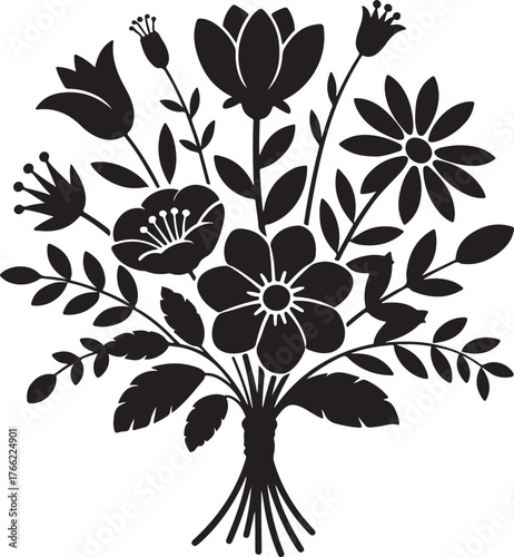 black silhouette of mixed flower bouquet on white background, vector