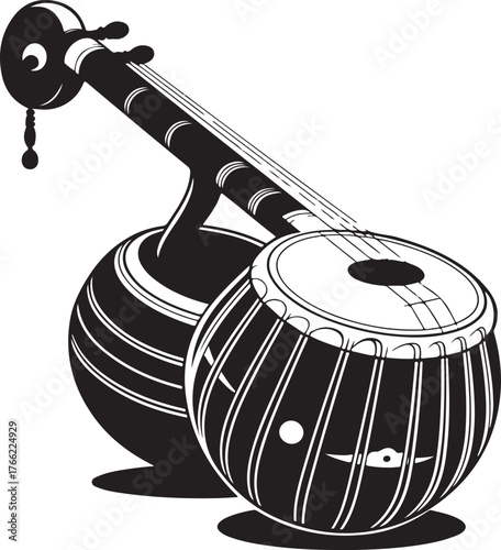 black silhouette of mridangam on white background, vector