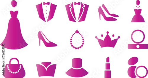 Collection of pink fashion and beauty icons on a white background