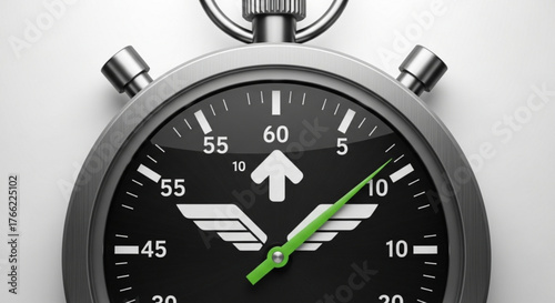 Closeup of a stopwatch with an airplane symbol on the dial, , suggesting speed, efficiency, and timely performance in aviation or travelrelated services