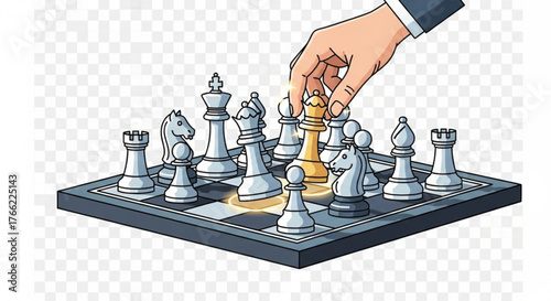 Hand moving a golden chess piece on a chessboard, , symbolizing strategy, decisionmaking, and leadership in business