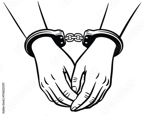Clasped Hands in Handcuffs Black and White Vector Illustration