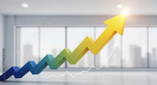 A colorful upward arrow in a bright room with city view, representing business growth, success, and positive trend in a modern and professional setting
