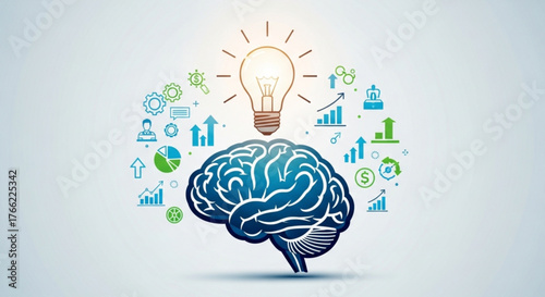 Brain with light bulb and business icons, , representing ideas, innovation, and strategic thinking for business success and growth