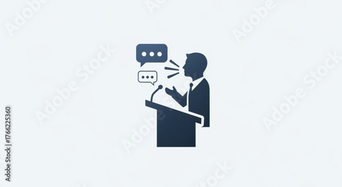 A person speaking at a podium with speech bubbles, symbolizing public speaking, communication, and leadership represents presentation