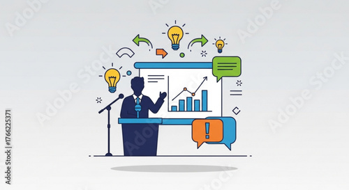 A speaker is presenting a business plan with a graph showing growth, light bulbs representing ideas, and speech bubbles for discussion, all on a light background