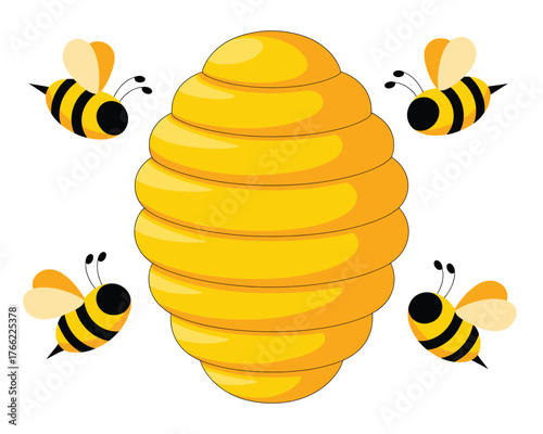 Cute Cartoon Bees Flying Around a Yellow Beehive - Sweet Honey Bee Home Graphic