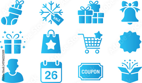 Collection of blue christmas and shopping related vector icons