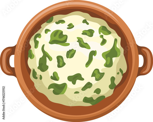 Creamy Herb Stew in Rustic Clay Pot - Top View Illustration