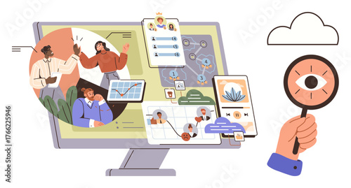 Teamwork visuals, data screens, user profiles, network map, digital cloud, big data, research focus. Ideal for team management, user insight data analytics technology workflow research simple