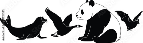Animal silhouettes, seal, goose, panda, bat, flying animals, sitting panda, marine mammal, avian species, white background, vector art, animal 