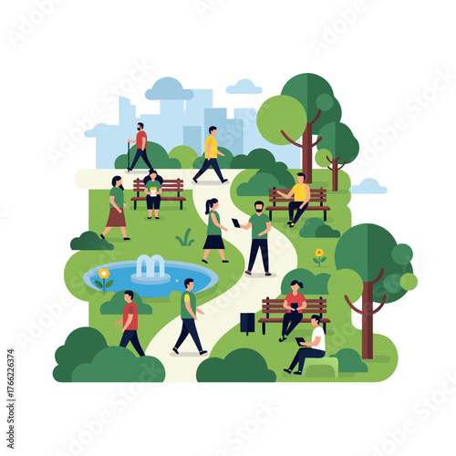 People enjoying outdoor activities in a vibrant park setting with trees, paths, fountain, and cityscape background