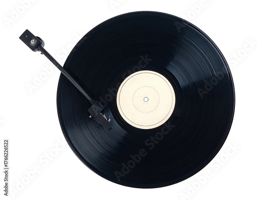 Overhead view of a black vinyl record spinning on a turntable with a white label center against a black background