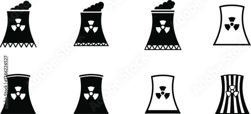 Nuclear cooling tower icons, radioactive symbol, power plant illustration, energy concept, black silhouette, smoke emission, industrial design, atomic  b