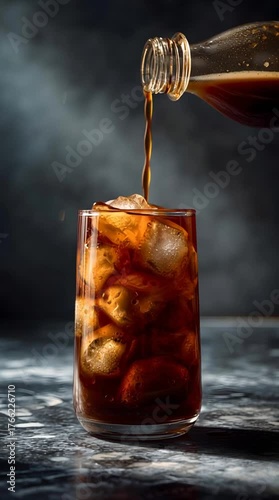 Iced and cold beverage poured from bottle into glass with ice cubes, soda splash and condensation capturing refreshing pour over ice tall glass