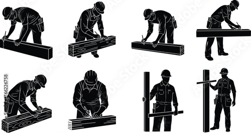 Construction carpenters silhouette, measuring wood, cutting planks, marking beams, hard hat workers, precision tools, posture variation, manual labor, job site, tools