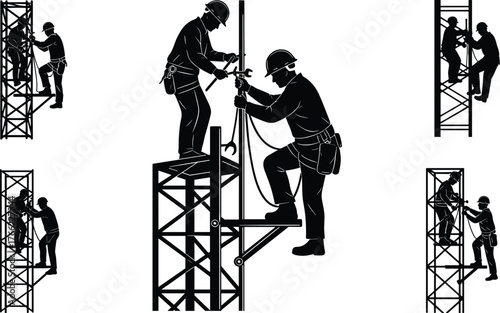 Construction workers on scaffolding, teamwork at height, safety gear, industrial labor, black silhouette illustration, building site, harness, helmet, tools