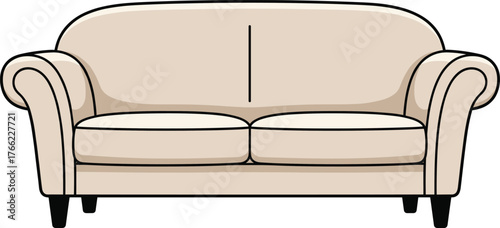 Cartoon beige sofa, two-cushion furniture, rounded armrests, black legs, modern interior design, home decor illustration, isolated on white background