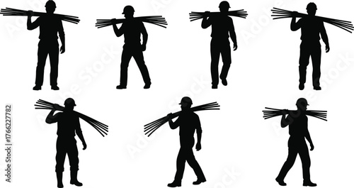 Silhouette construction workers carrying steel rods on shoulder, industrial laborers at construction site, hard hat safety concept, teamwork strength illustration