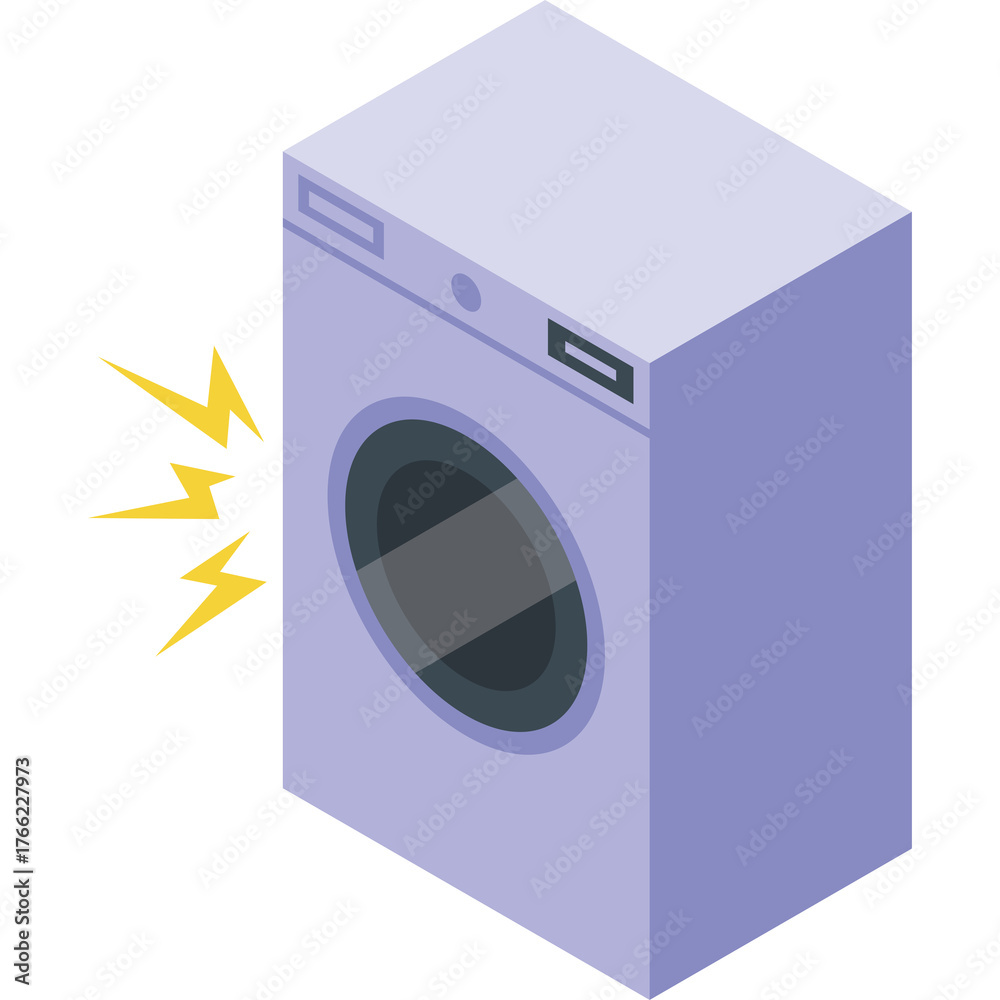 Fototapeta premium Lavender Washing Machine With Yellow Lightning Bolts On Transparent Background Indicating Electrical Problem Or Malfunction
