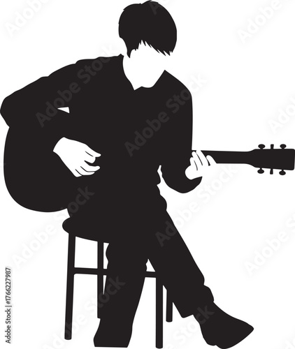 Silhouette of guitar player isolated on a white background. Vector illustration.