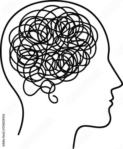 Abstract illustration of tangled thoughts inside a human head symbolizing confusion stress and mental health struggles vector