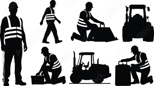 Silhouette of construction workers and heavy machinery operating, engineers in safety vests working with equipment, industrial labor concept, teamwork illustration