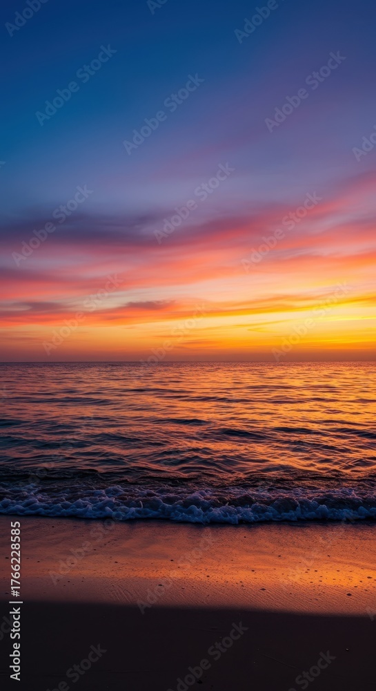 Obraz premium Peaceful ocean horizon at sunset, featuring gentle waves rolling onto the sandy shore under a colorful twilight sky, sunset ,waves ,sunlight