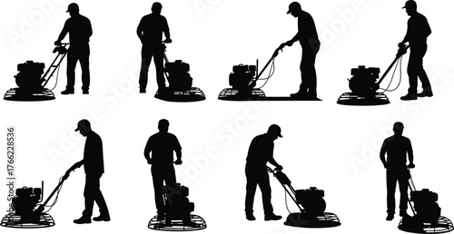 Power trowel operator silhouette, concrete finishing, construction worker, industrial tool, posture variation, smoothing technique, job site, machinery, labor, equipment
