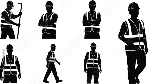 Silhouette of construction workers wearing safety vests and helmets, standing, walking, holding tools, teamwork concept, industrial labor illustration, engineering