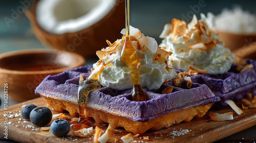 Ube Coconut Waffles With Whipped Cream Blueberries And Maple Syrup