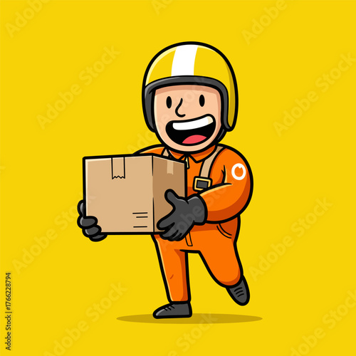Cartoon vector illustration of a postman worker holding a box and a clipboard, a business character doing his job