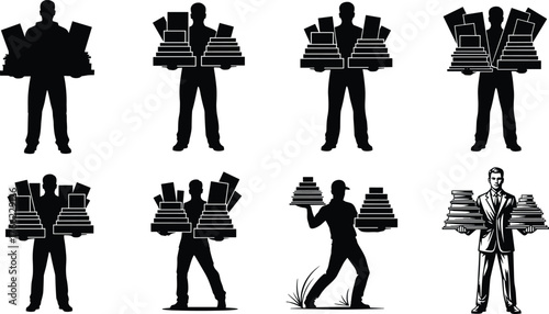 Silhouettes of office workers, paperwork burden, document stacks, business stress, administrative overload, file handling, bureaucracy, task pressure, suit, illustration contrast