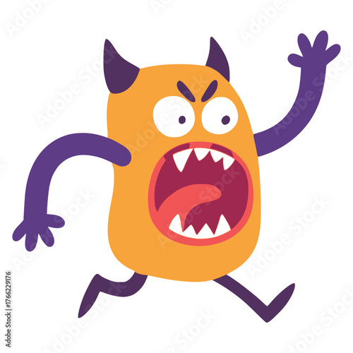 cute monster running cartoon character flat color vector illustration template design