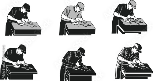 Silhouette of craftsman at workbench, manual labor, tool usage, posture variation, artistic style, focused worker, handwork, skill, precision, cap