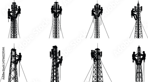 Cell tower icons, communication infrastructure, antenna silhouette, black illustration, signal transmission, telecom design, wireless network, structural variation, engineering concept