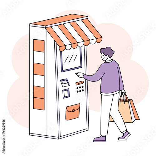 Man using automated retail kiosk for convenient shopping experience with shopping bags in hand illustration for modern retail technology