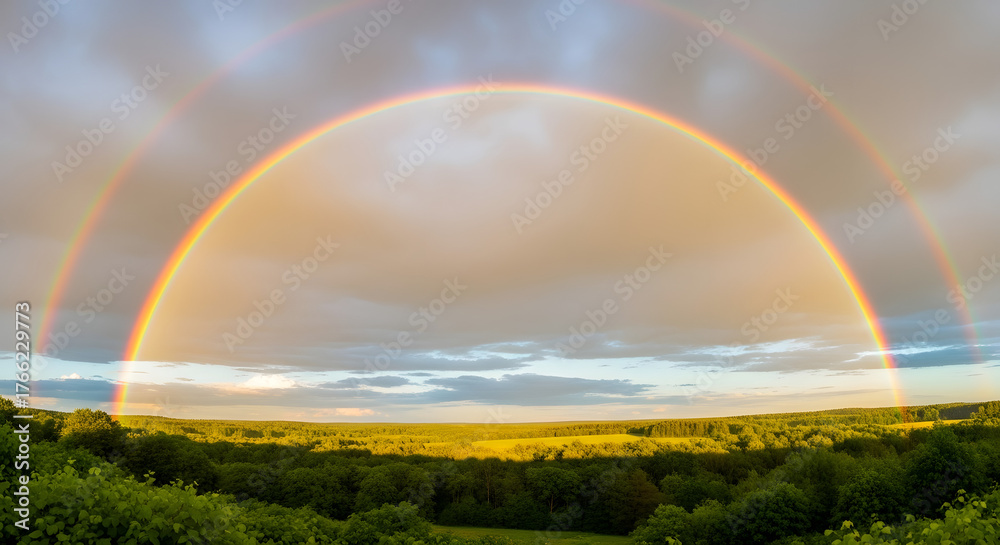 Naklejka premium A vibrant double rainbow arches across a landscape of green trees and fields under a cloudy sky, creating a scene of natural beauty.