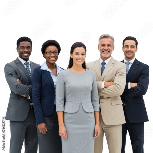 Diverse group of five business professionals standing together smiling isolated on transparent background